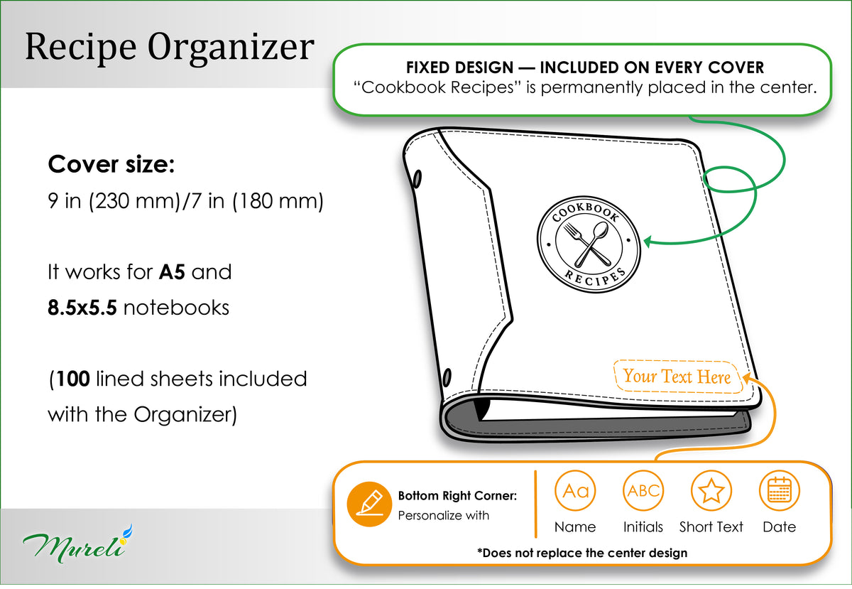 Recipe organizer Design No. 3 with fixed Cookbook Recipes cover design, size and personalization options