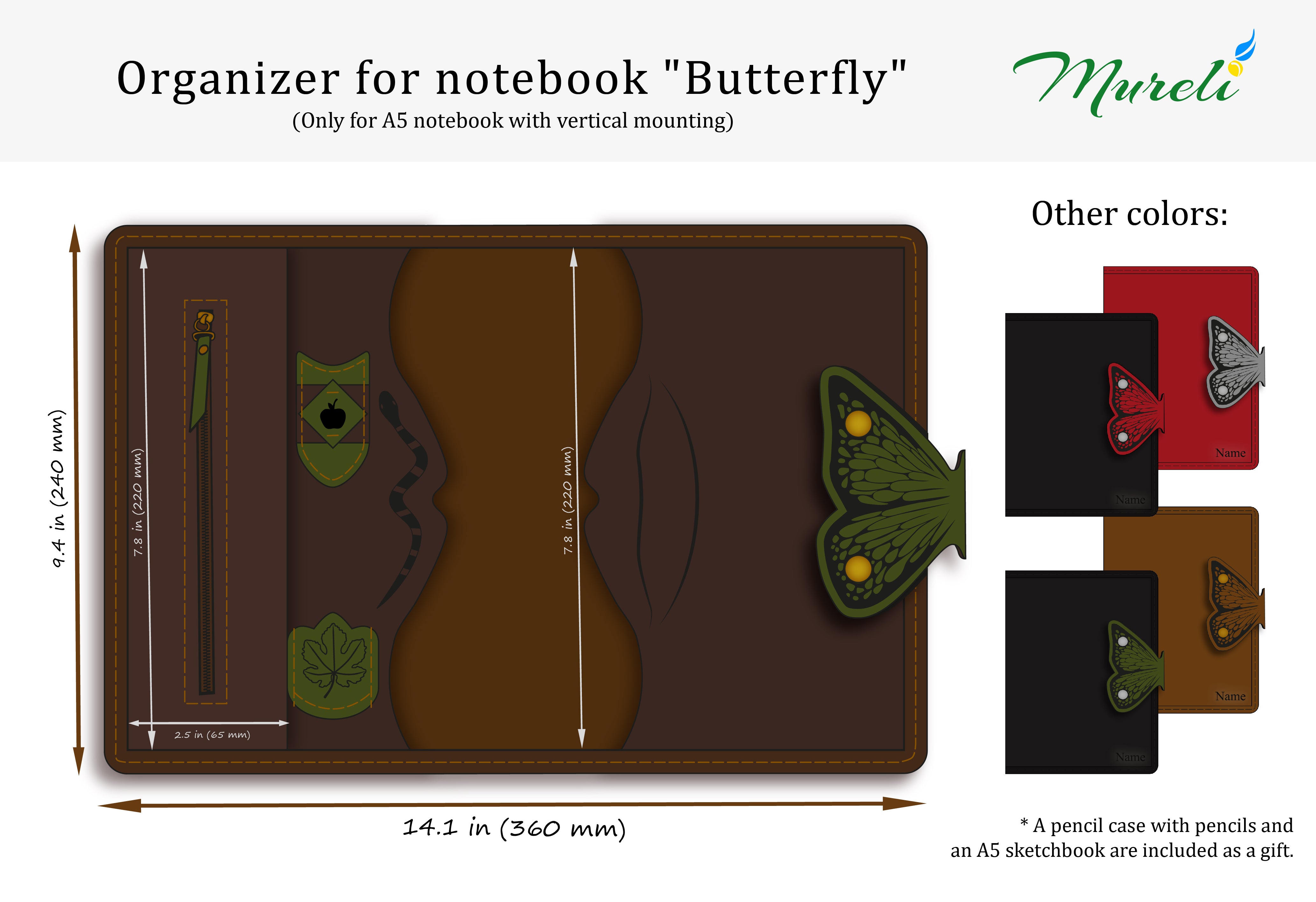 Leather Artist Organizer with Butterfly Clasp – Red Drawing Journal with Pencils, Personalized Creative Gift for Kids & Adults