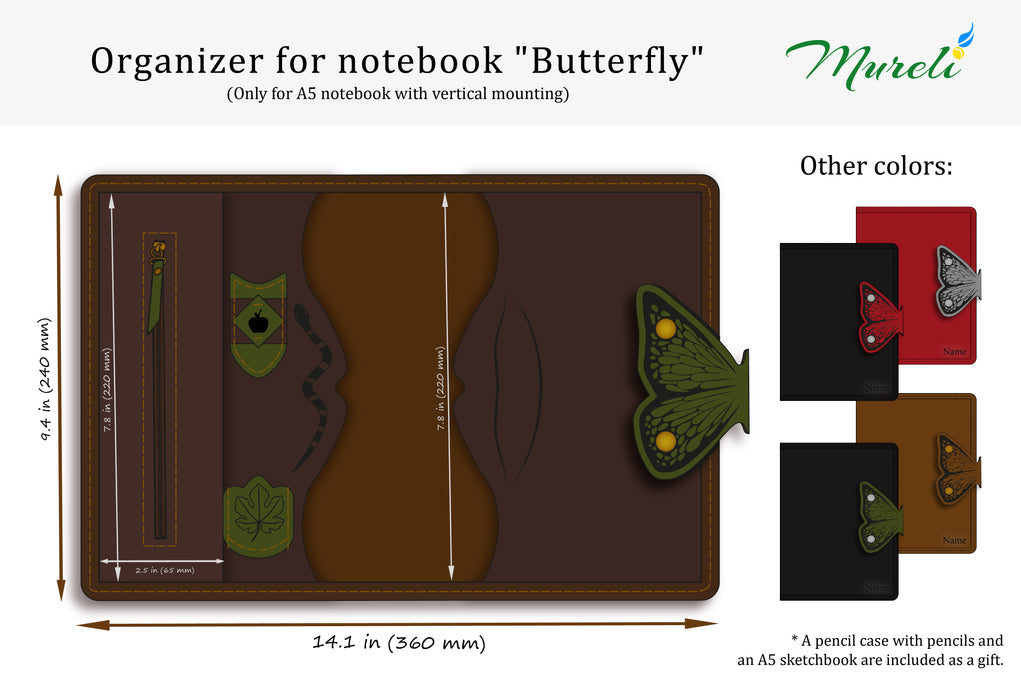 Brown Leather Sketchbook Organizer with Butterfly Clasp – A5 Journal Cover, Artist Gift, Personalized Notebook