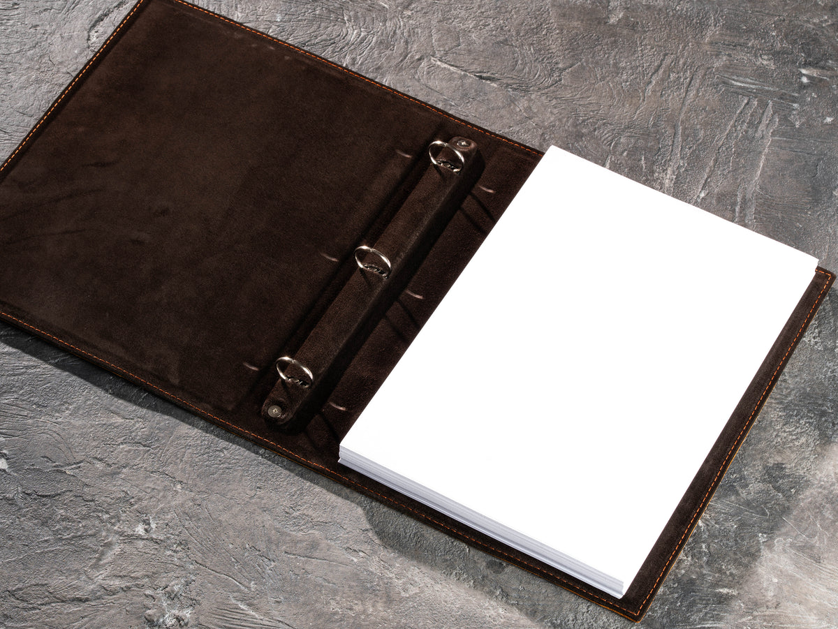 Open Camel leather document binder with 25 mm 3-ring mechanism and A4 paper