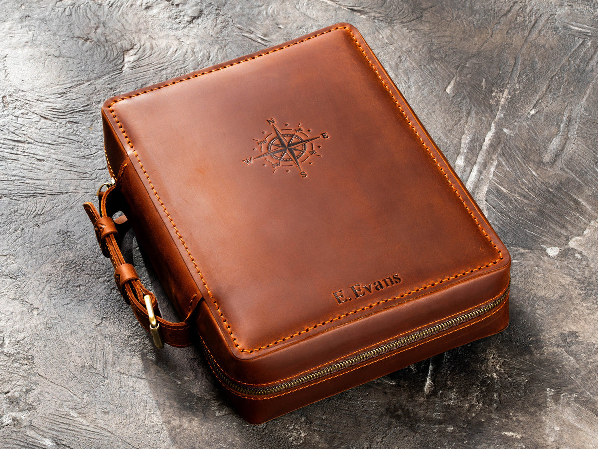 Personalized Copper Brown leather travel organizer case with embossed compass, name and hand saddle stitching