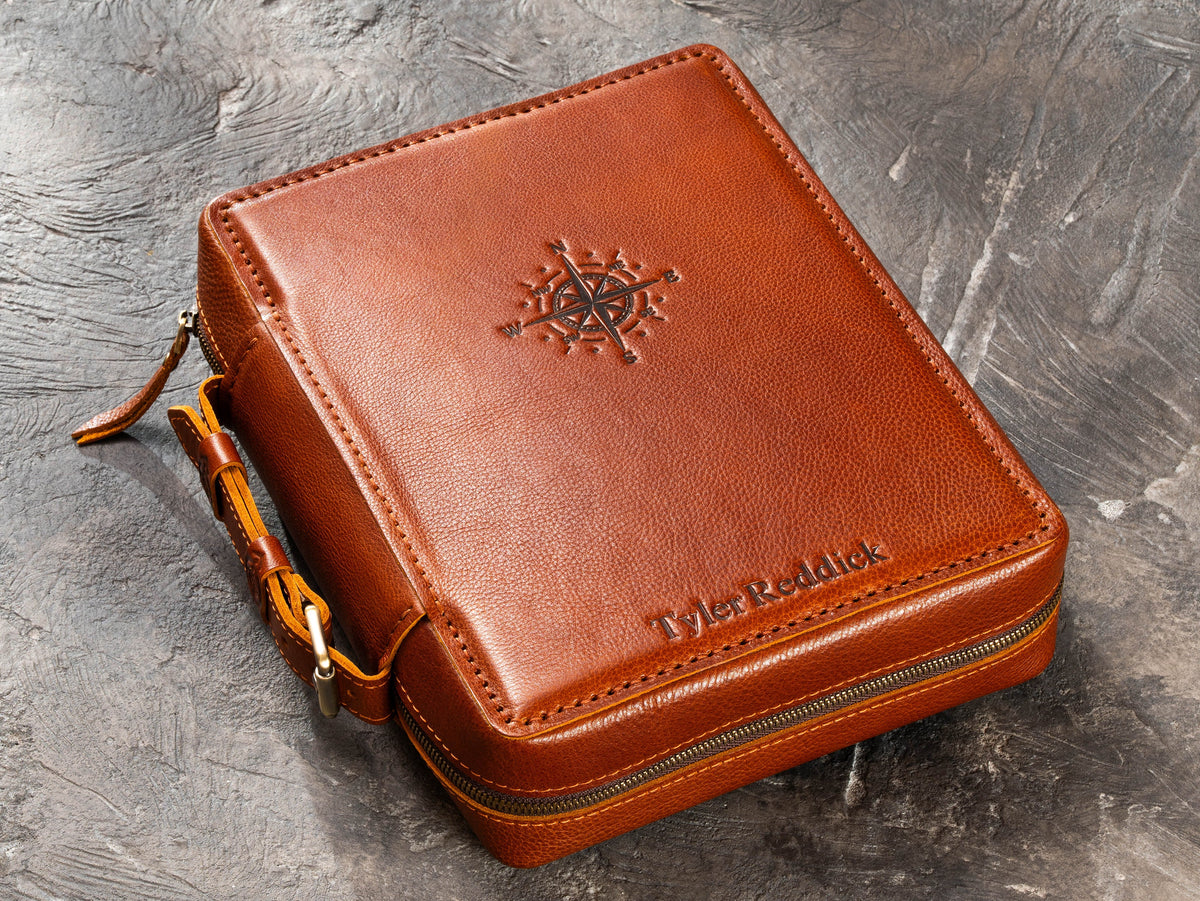 Personalized Camel leather travel organizer case with embossed compass, name and hand-stitched edges
