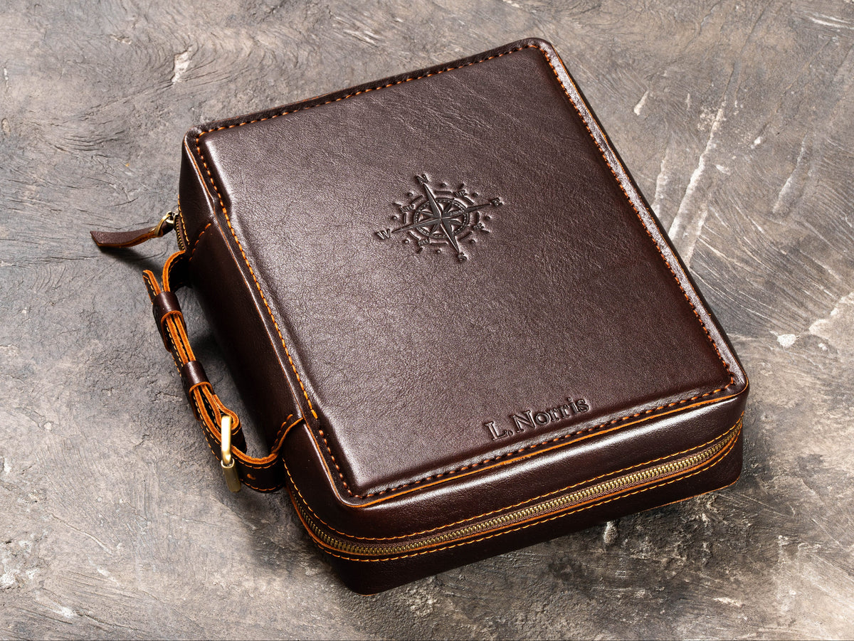 Personalized Dark Cognac leather travel organizer with embossed compass, name and hand-stitched edges