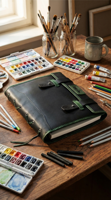 Personalized Black & Green Personalized Leather Sketchbook – La Vita by Mureli – Refillable Art Organizer with Zipper Pocket & Pencil Slots