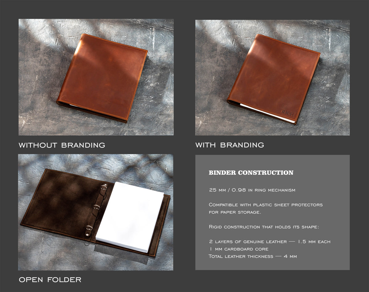 Construction guide for a personalized Copper leather 3-ring document binder with 25 mm rings and rigid layered cover