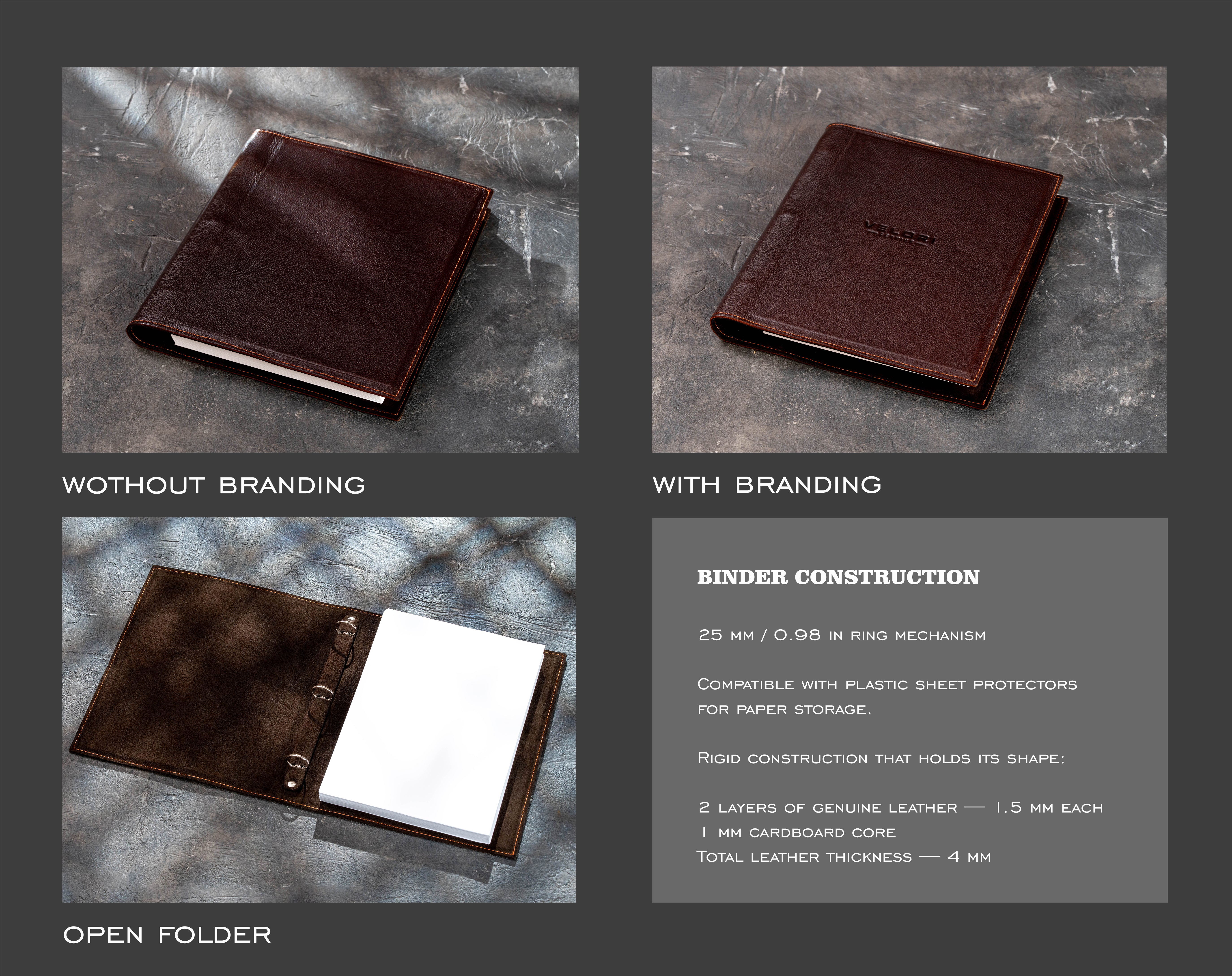 Dark Brown Leather 3-Ring Binder Folder for 8.5 × 11 Paper | Mureli