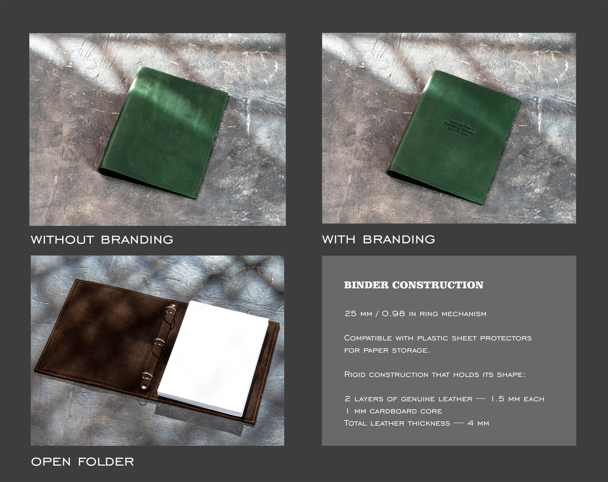 Personalized Green Leather 3-Ring Binder for A4 and Letter Size with Two Cover Fit Options | Mureli