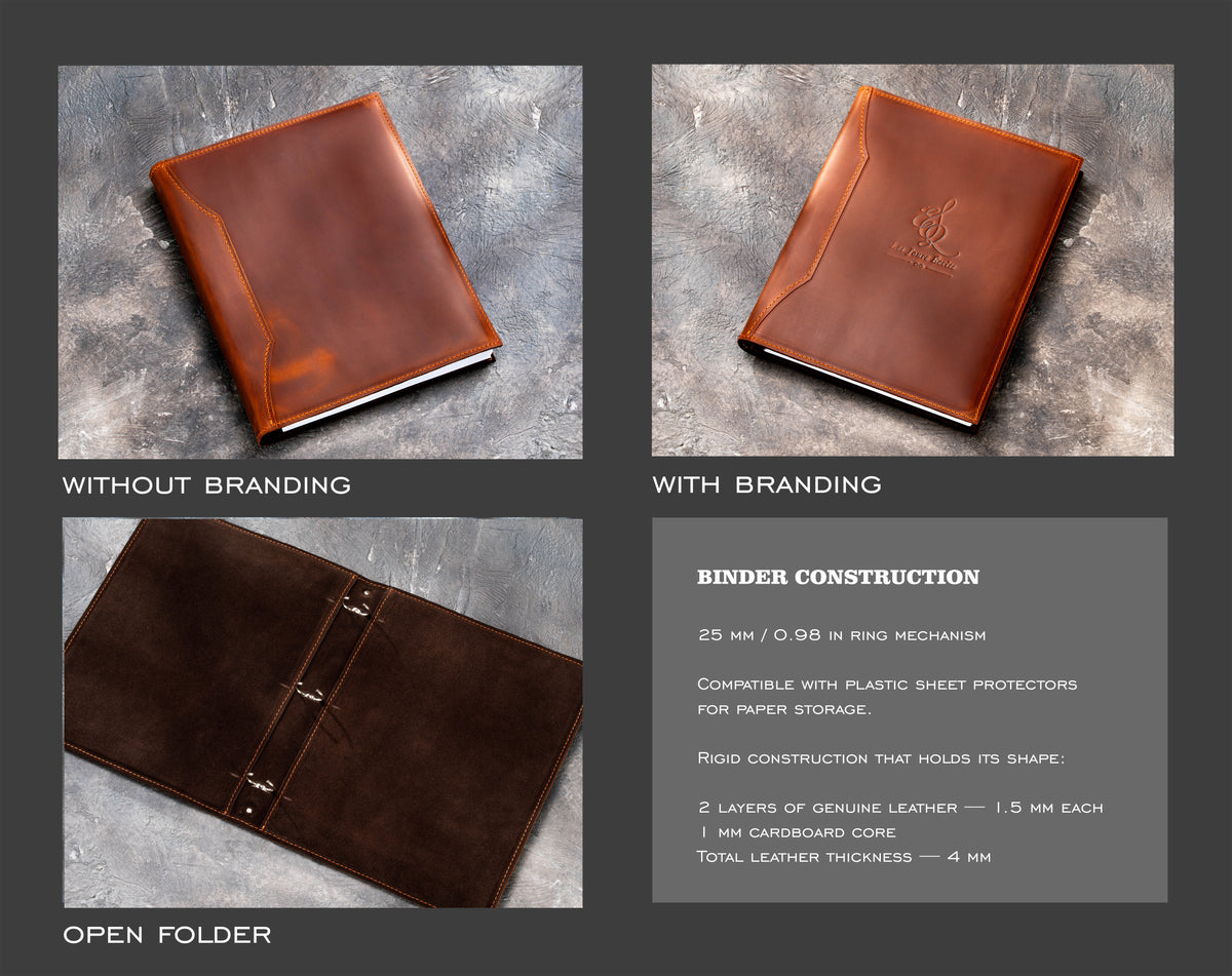 Custom leather 3-ring presentation binder shown with and without logo branding, open suede interior, 25 mm ring mechanism and sheet protector compatibility