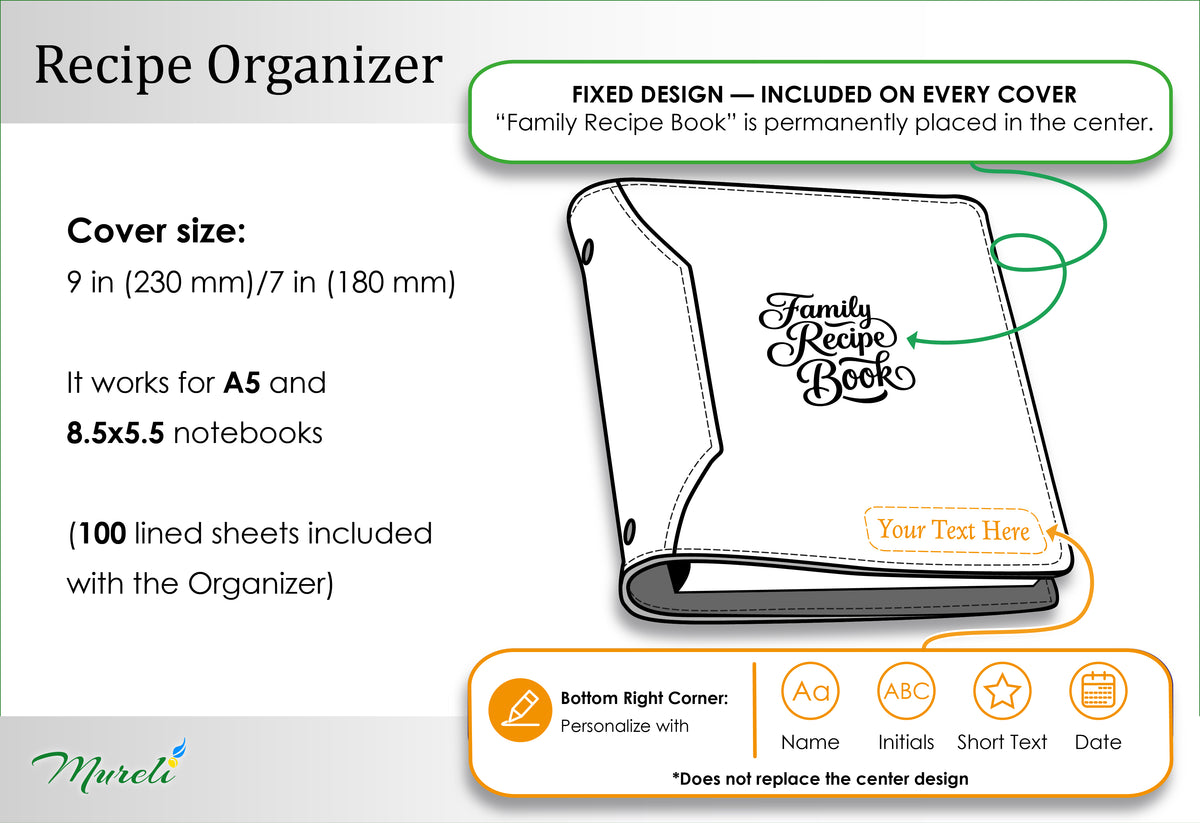 Family Recipe Book leather organizer size guide with 9 x 7 in cover, A5 and 8.5 x 5.5 inserts, 100 lined sheets and personalization options