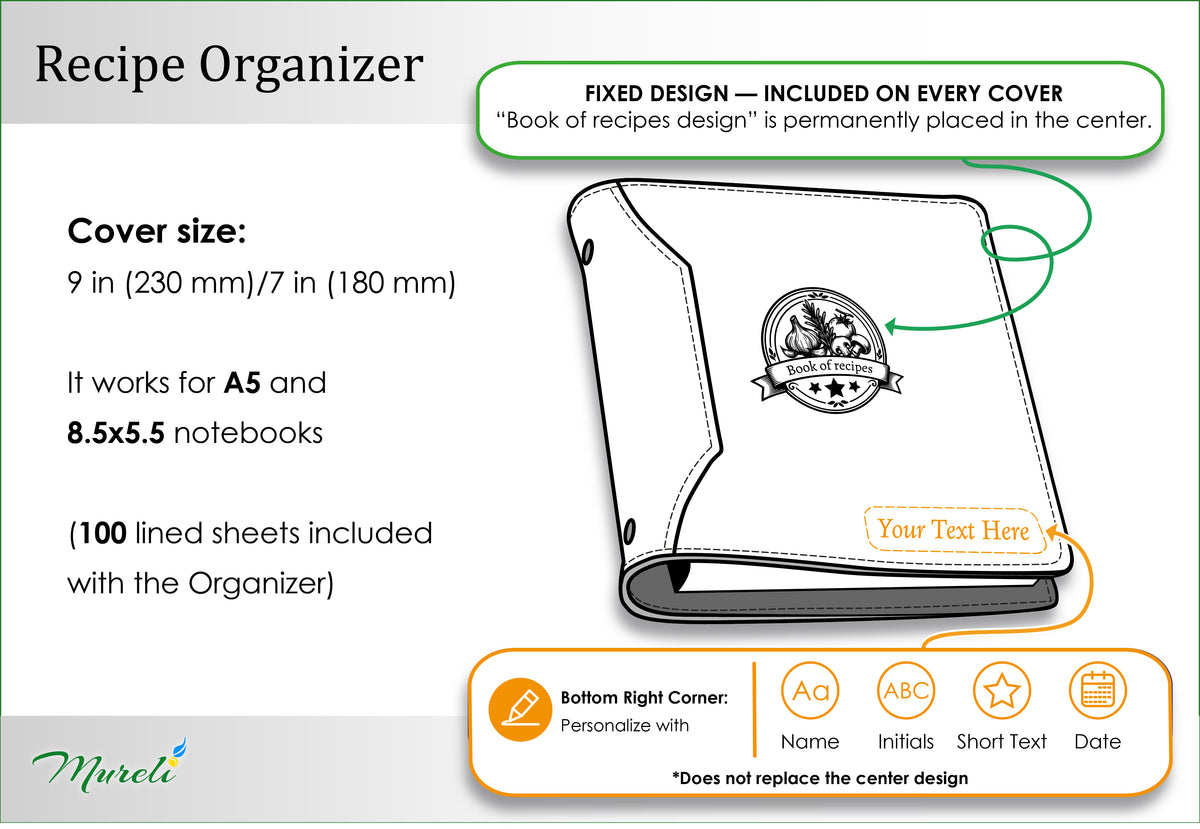 Recipe organizer Design No. 2 size guide for A5 and 8.5 x 5.5 inserts with optional personalization