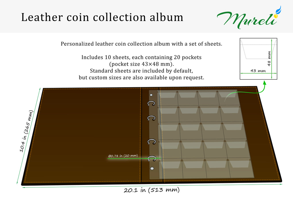 Personalized Leather Coin Collection Album - Handcrafted Professional Numismatic Folder - Gift for Collector