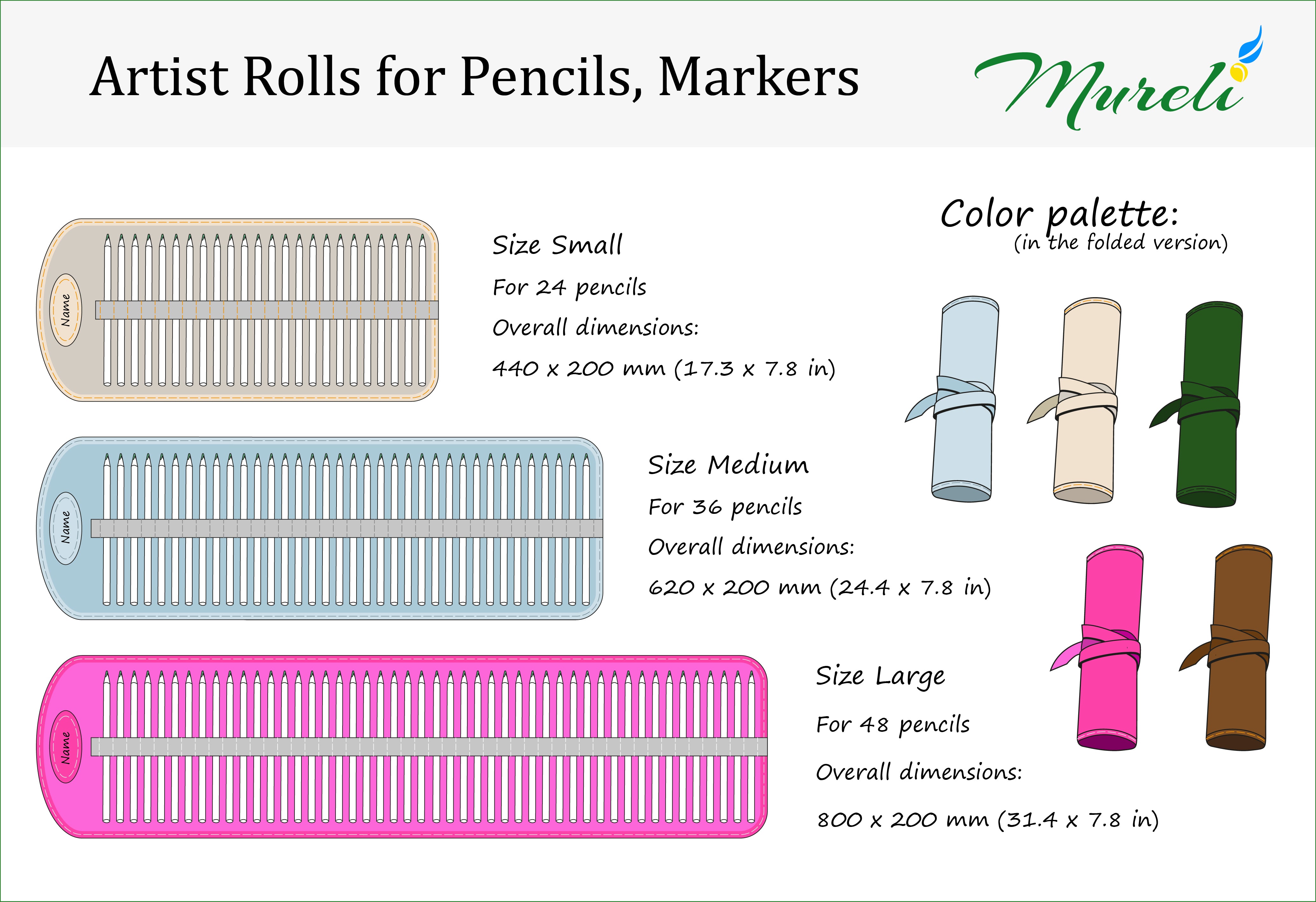 Mureli artist rolls for pencils and markers with size, color palette, and dimensions displayed.