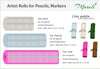 Mureli artist rolls for pencils and markers with size, color palette, and dimensions displayed.