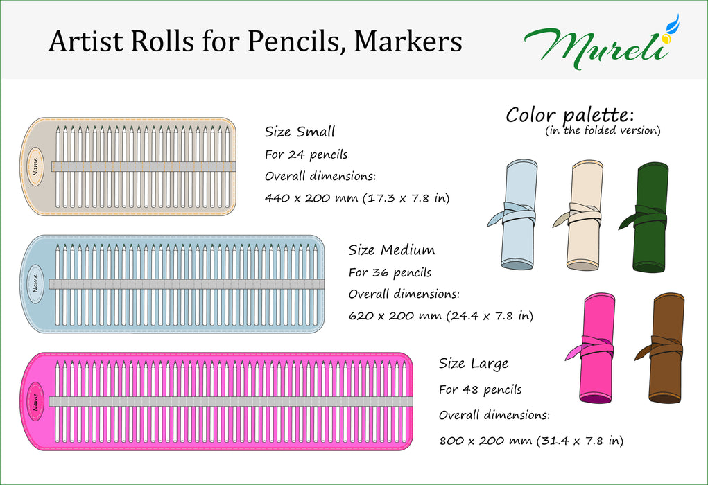 Mureli artist rolls for pencils and markers with size, color palette, and dimensions displayed.