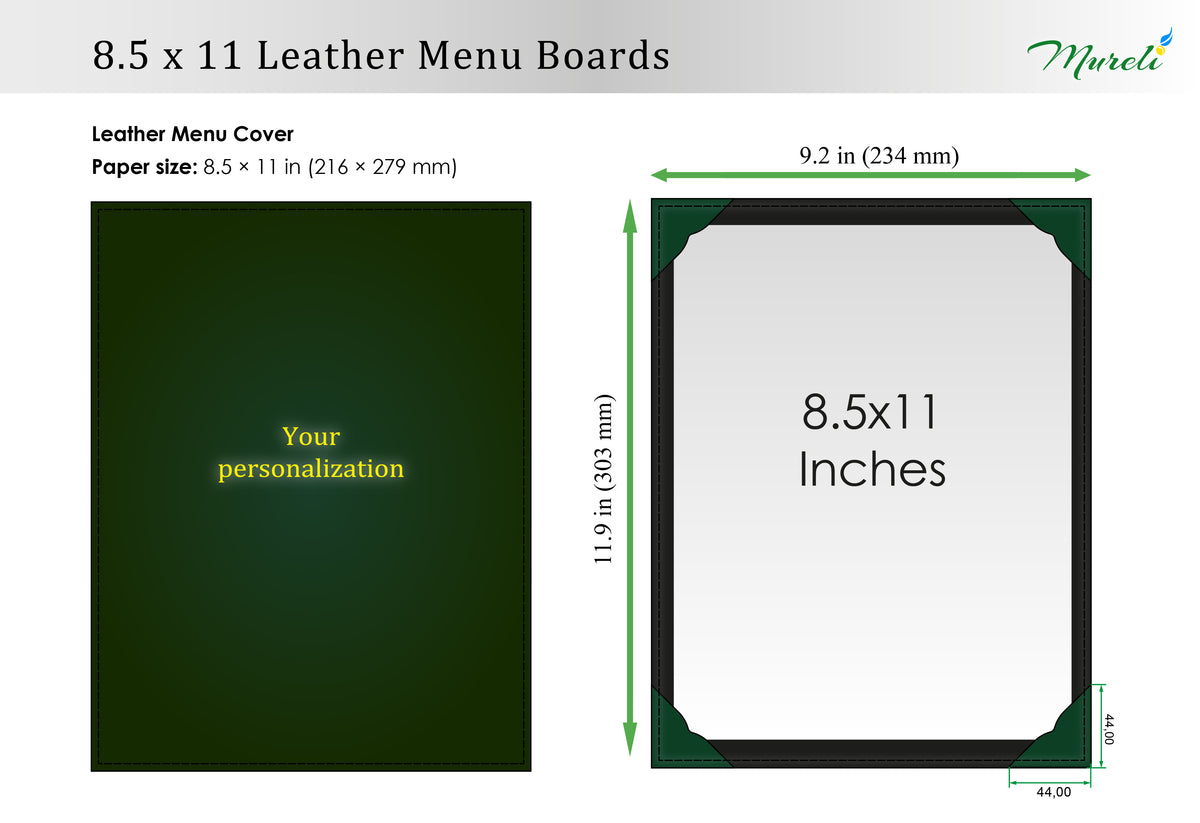 8.5 x 11 Green Leather Menu Boards with Gold Logo for Southern & Latin Restaurants | Mureli