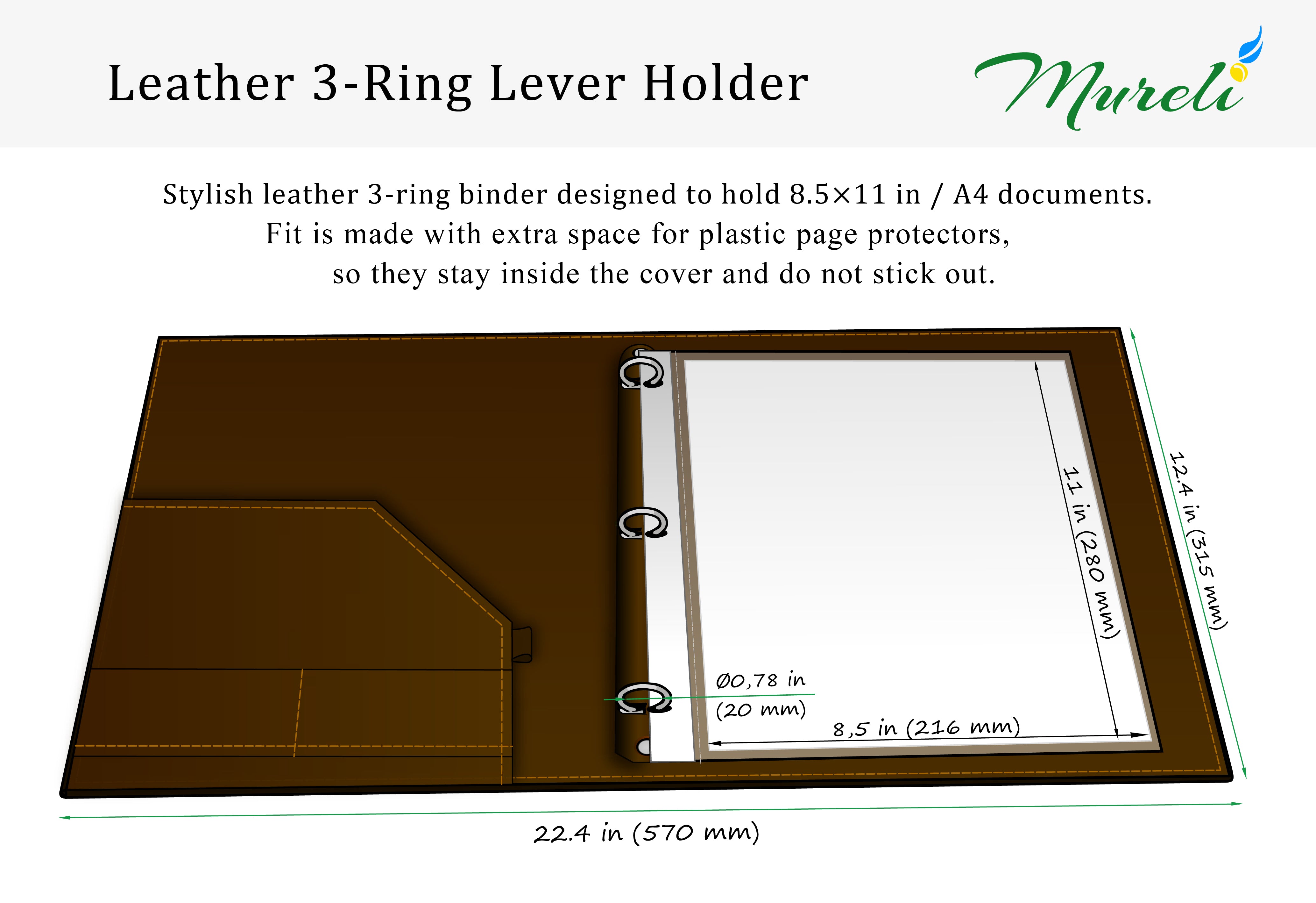 Black Leather Portfolio Binder with Pocket, 20 mm Rings, A4 / 8.5x11 Custom Logo Folder