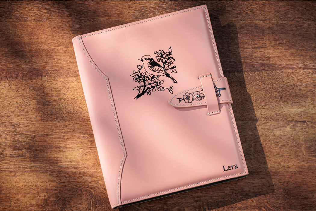Stylized Personalized Pink Leather Portfolio Folder A4 | Women’s Document Organizer with Your Name