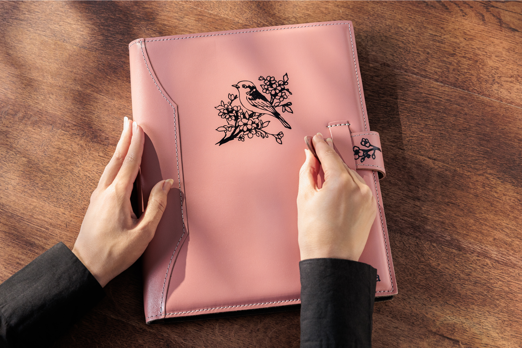 Stylized Personalized Pink Leather Portfolio Folder A4 | Women’s Document Organizer with Your Name