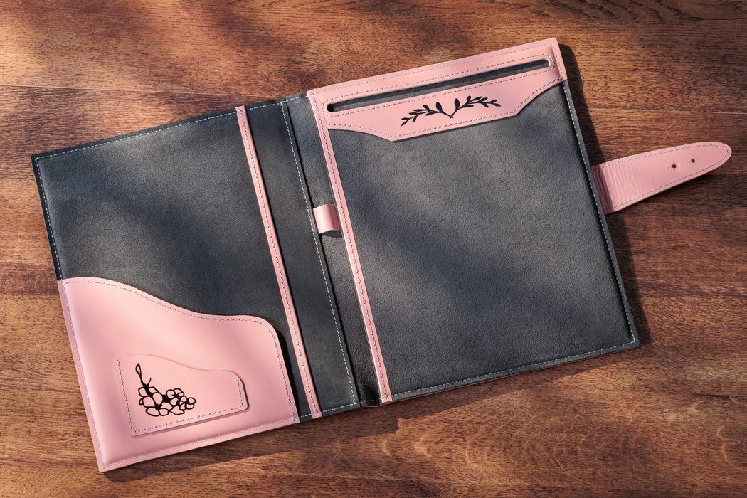 Stylized Personalized Pink Leather Portfolio Folder A4 | Women’s Document Organizer with Your Name