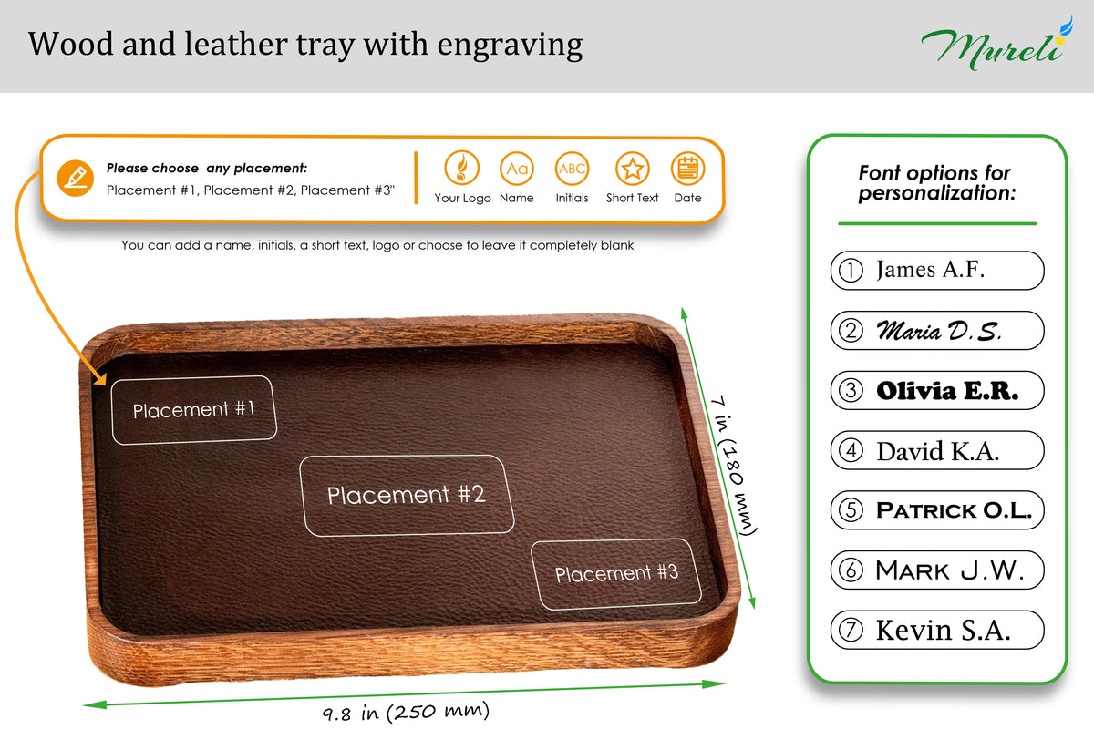 Personalization layout for Mureli engraved wood and brown leather tray, featuring dimensions of 9.8 by 7 inches, custom engraving placements, logo or text options, and 7 available font styles
