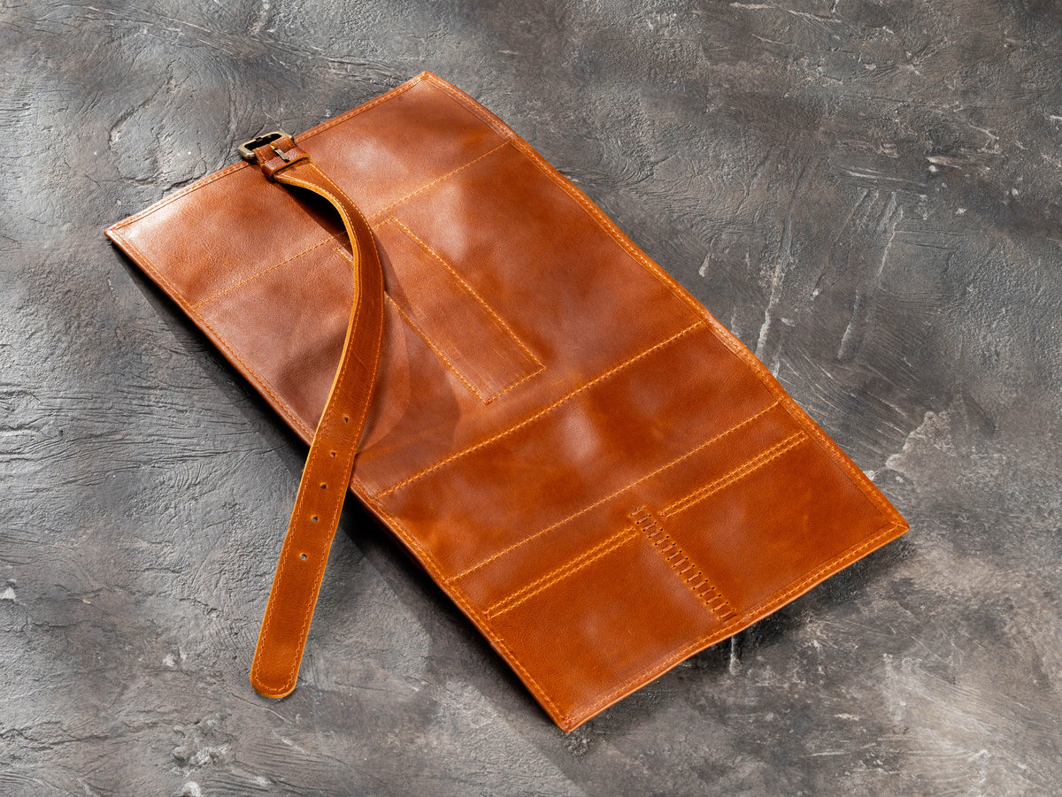 Camel Hanging Roll-Up Leather Travel Organizer | Cables, Grooming & Essentials