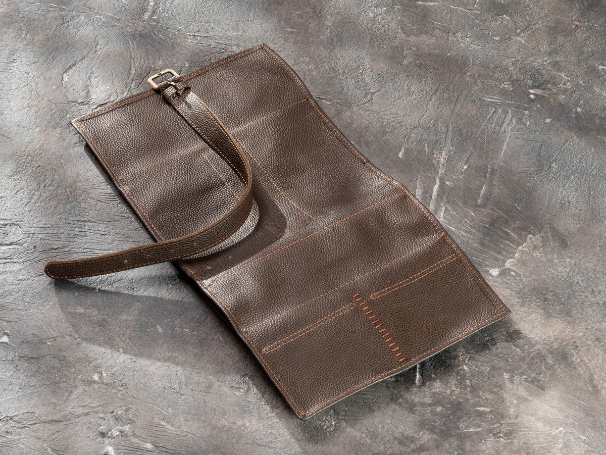 Chocolate Brown Hanging Roll-Up Leather Travel Organizer | Cables, Grooming & Essentials