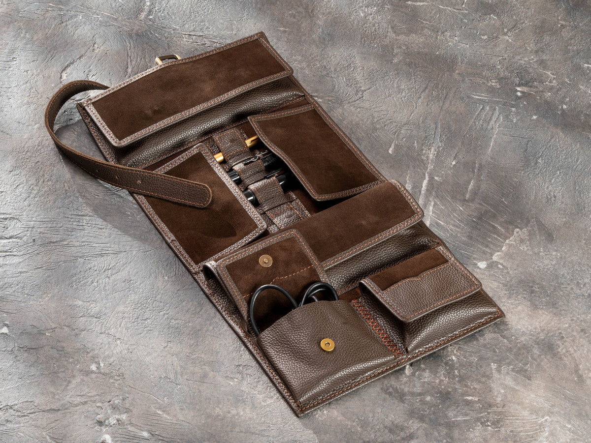 Chocolate Brown Hanging Roll-Up Leather Travel Organizer | Cables, Grooming & Essentials
