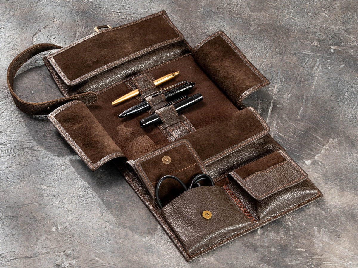 Open Chocolate Brown leather travel organizer with elastic holders for pens, tools and travel essentials