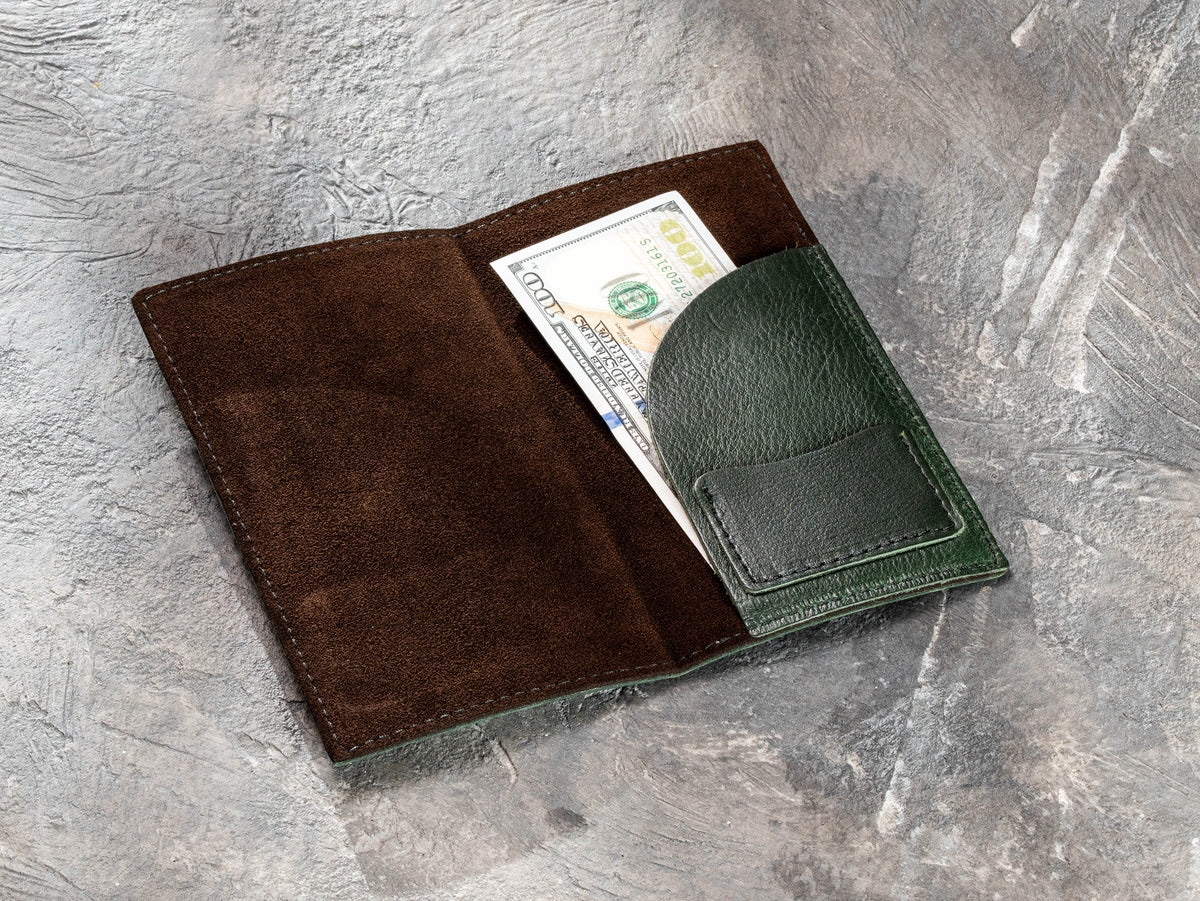 dark green double-layer leather check presenter with cash and card organization
