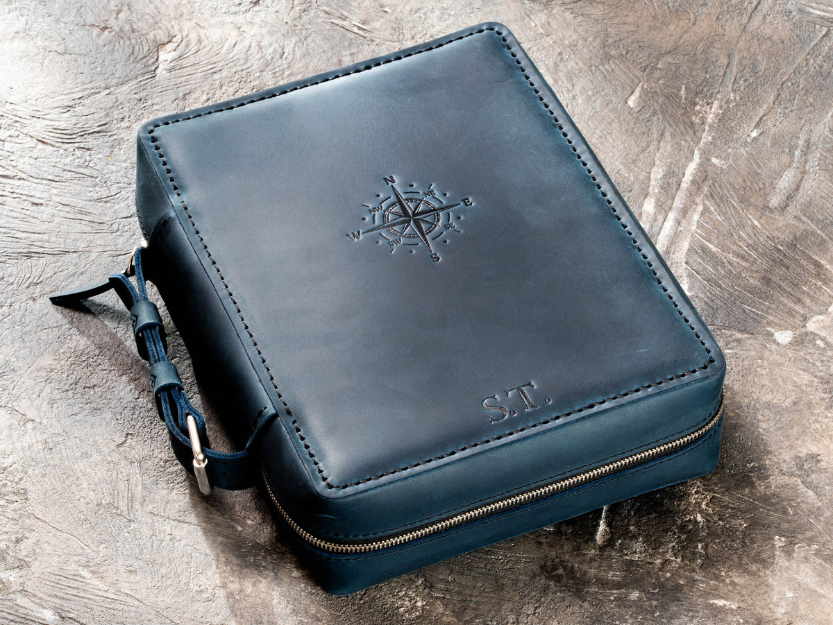 Personalized Deep Blue leather travel organizer case with embossed compass and initials