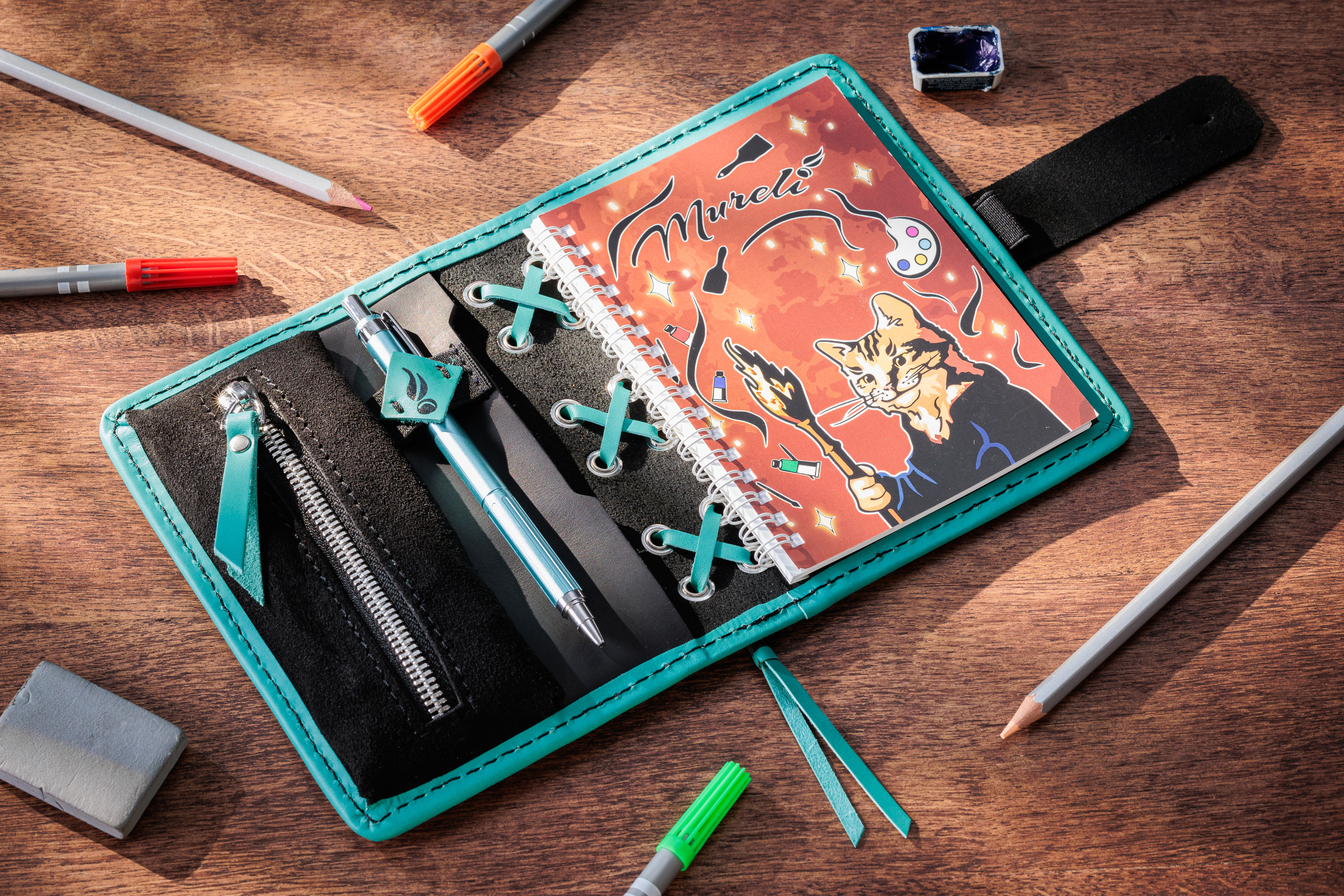 Green Personalized Leather Mini Sketchbook Set — A6 Landscape — Mini Pocket-Size