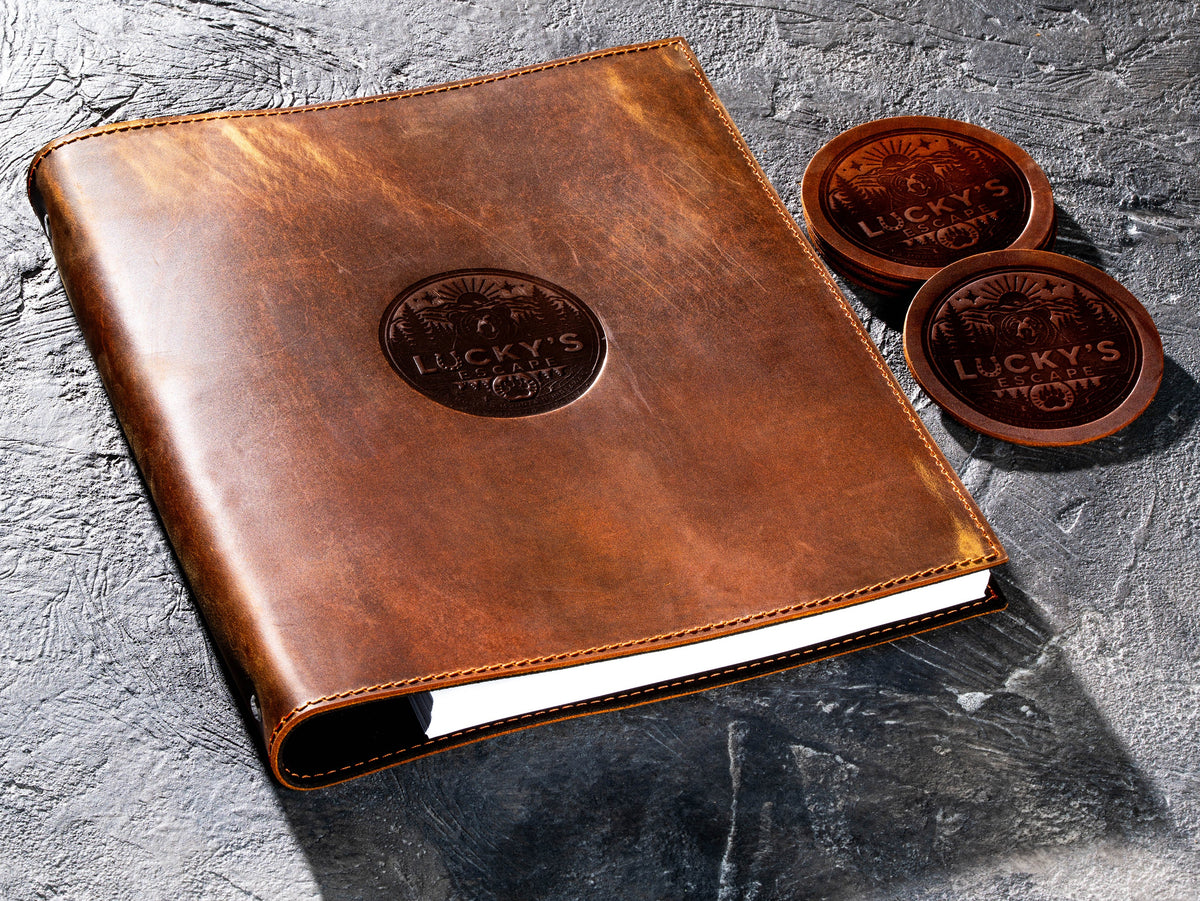 Custom branded leather binder and matching Chestnut leather coasters for office and corporate gifting