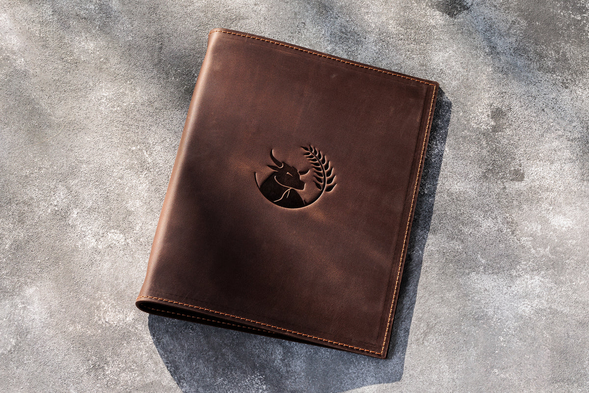 Chocolate Brown leather 3-ring restaurant menu binder with custom embossed logo