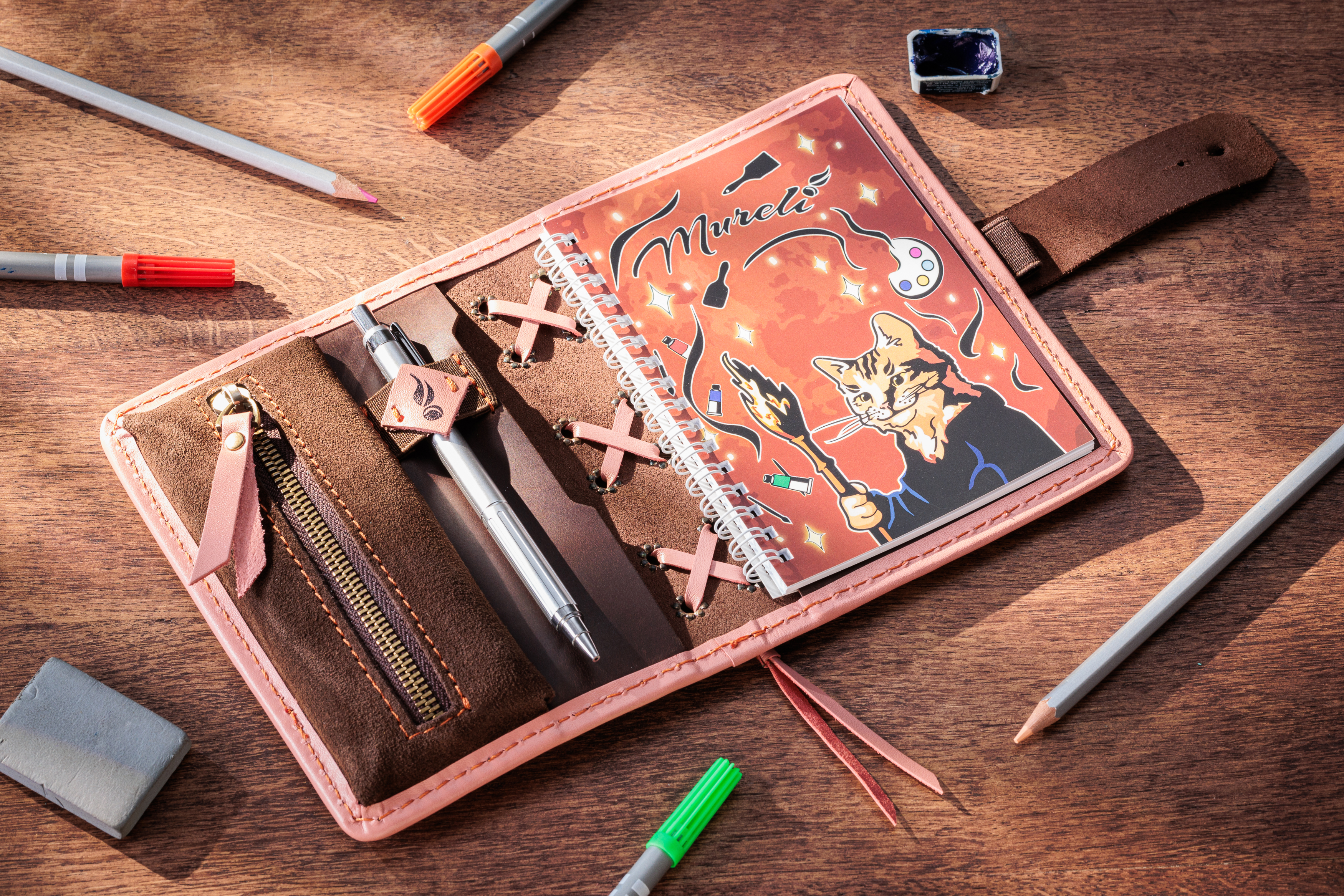 Green Personalized Leather Mini Sketchbook Set — A6 Landscape — Mini Pocket-Size