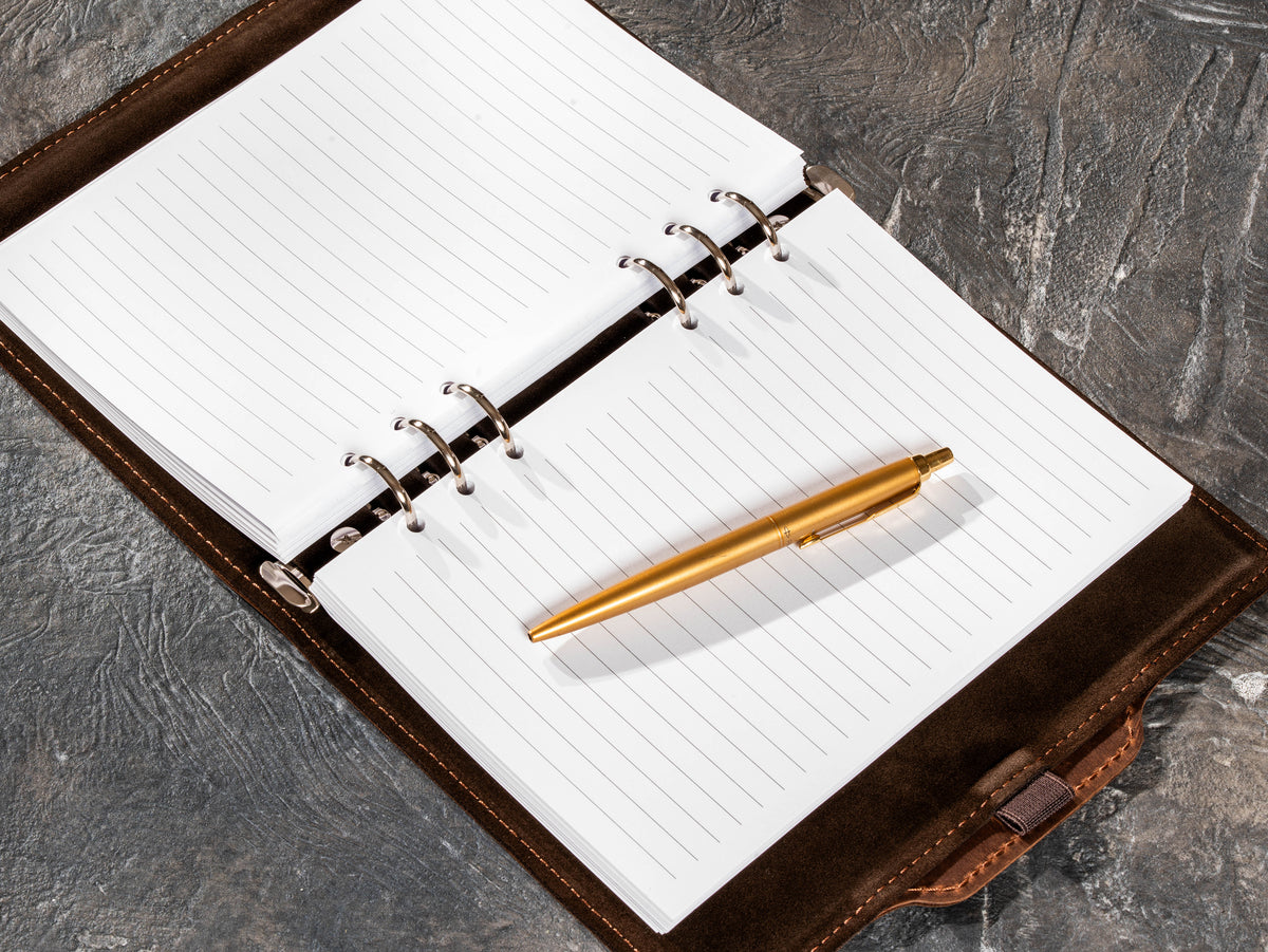 Back view of Milk Chocolate leather notebook with stitched wraparound cover