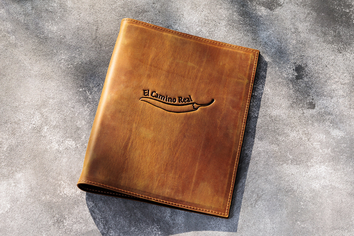 Chestnut Tan leather 3-ring restaurant menu binder with custom embossed logo for A4 and 8.5x11 pages