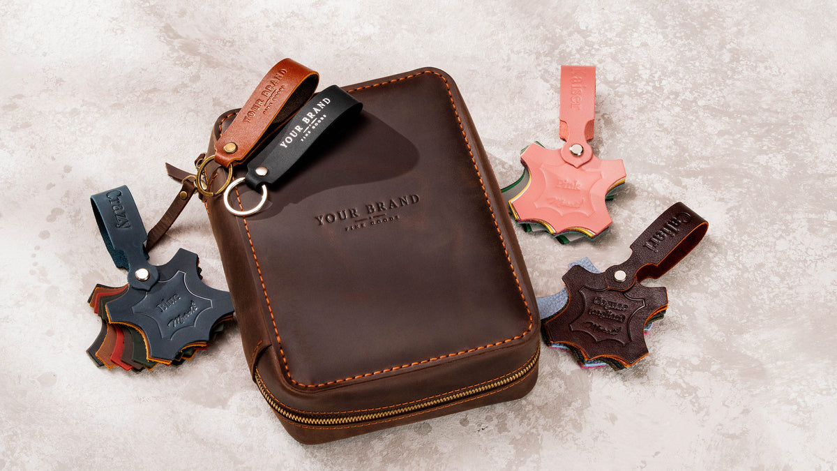Custom branded leather cigar case with logo samples and leather color swatches for agencies and corporate gifting