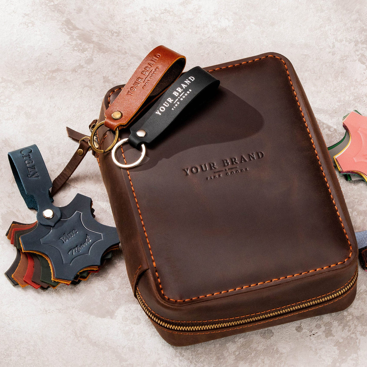 Branded leather cigar case sample with custom logo and leather color swatches for agencies, cigar clubs and retailers