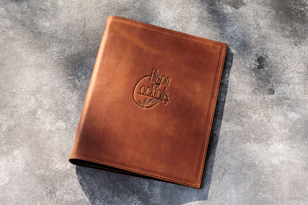 Copper leather 3-ring restaurant menu binder with custom logo and stitched leather cover