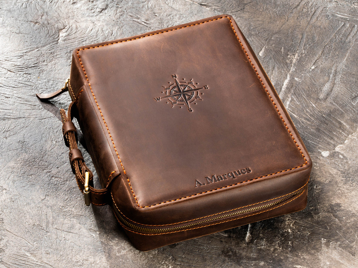 Personalized Milk Chocolate Brown leather travel organizer case with embossed compass and name