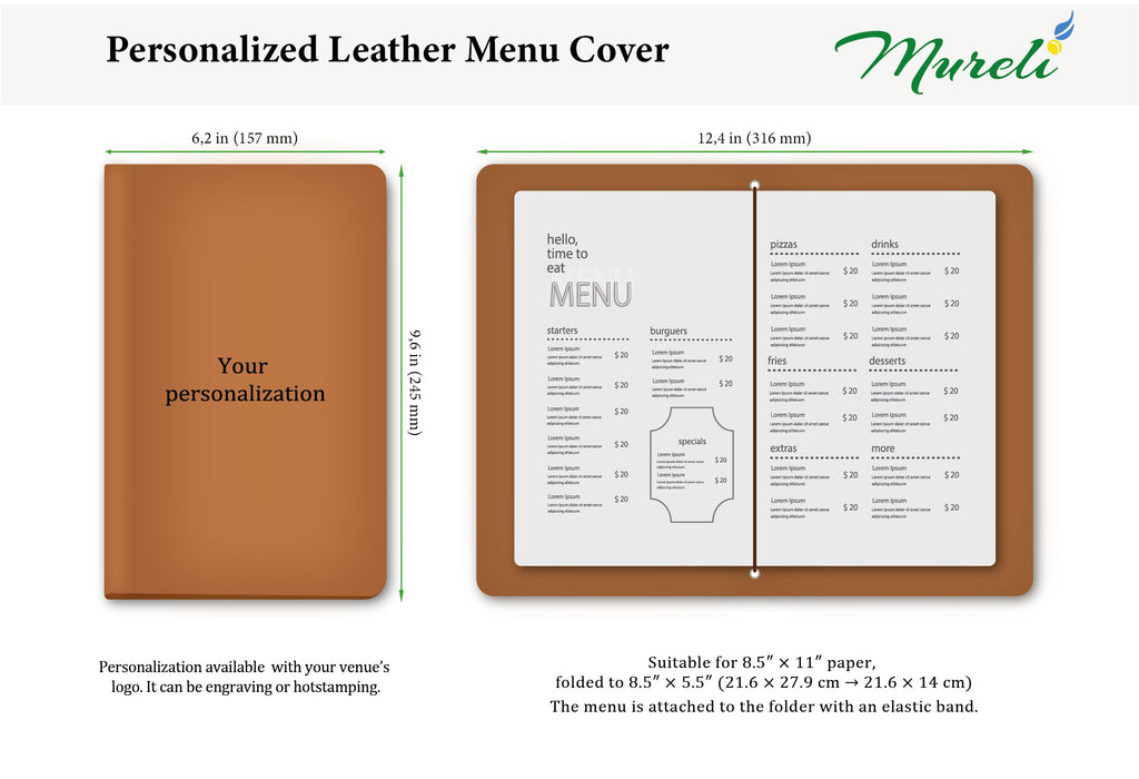 Custom Logo Brown Leather Menu Cover | Elastic String Binding | Hospitality Menu Folder