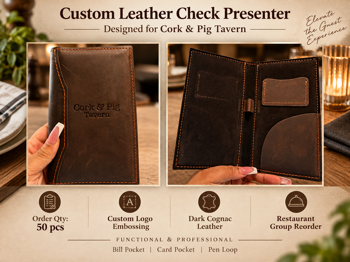 Cork and Pig Tavern | Custom Leather Restaurant Check Presenter