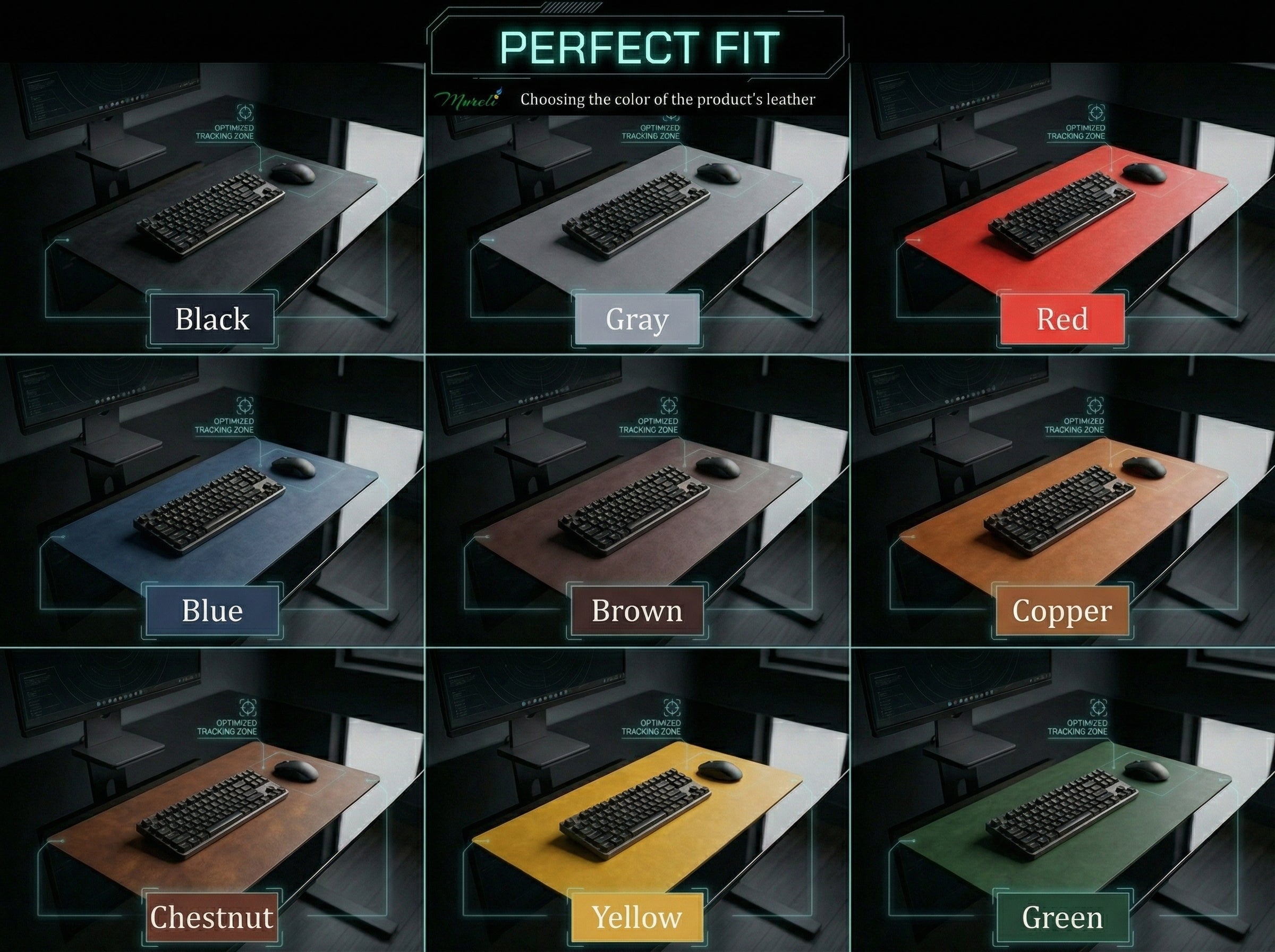 Collage of a desk setup with a keyboard in various color options on a dark background.