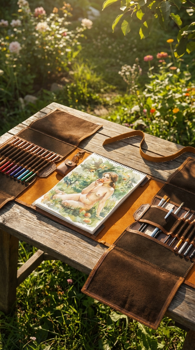 Luxury ginger leather art organizer by Mureli