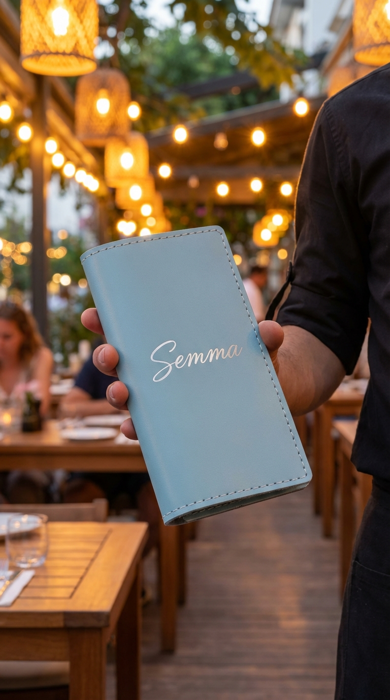 Custom | Personalized Ice Blue Heavy-Duty Check Presenters for fish restaurants (Or choose other leather color)