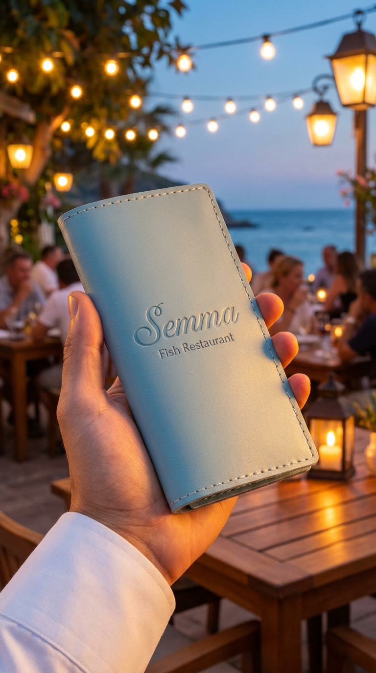 Custom | Personalized Ice Blue Heavy-Duty Check Presenters for fish restaurants (Or choose other leather color)