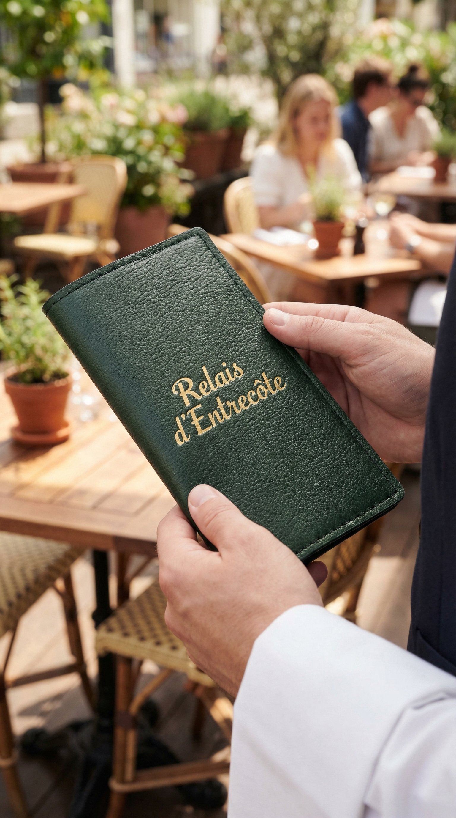 Green leather check presenter with gold logo embossing, held in hands at a sunny café terrace with blurred guests and tables in the background.