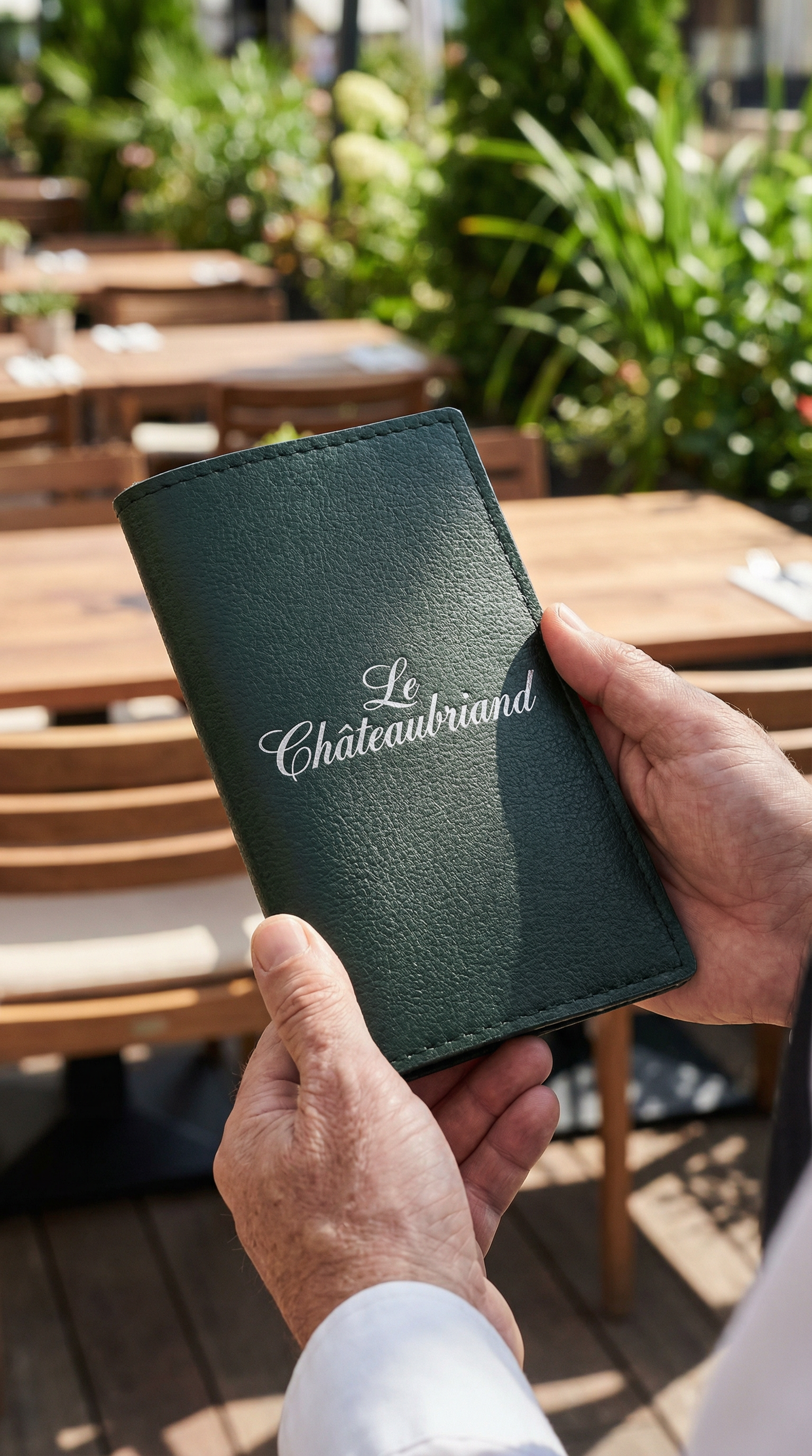 Green leather check presenter with silver logo embossing, held in hands on an outdoor restaurant patio with wooden tables and greenery in the background.