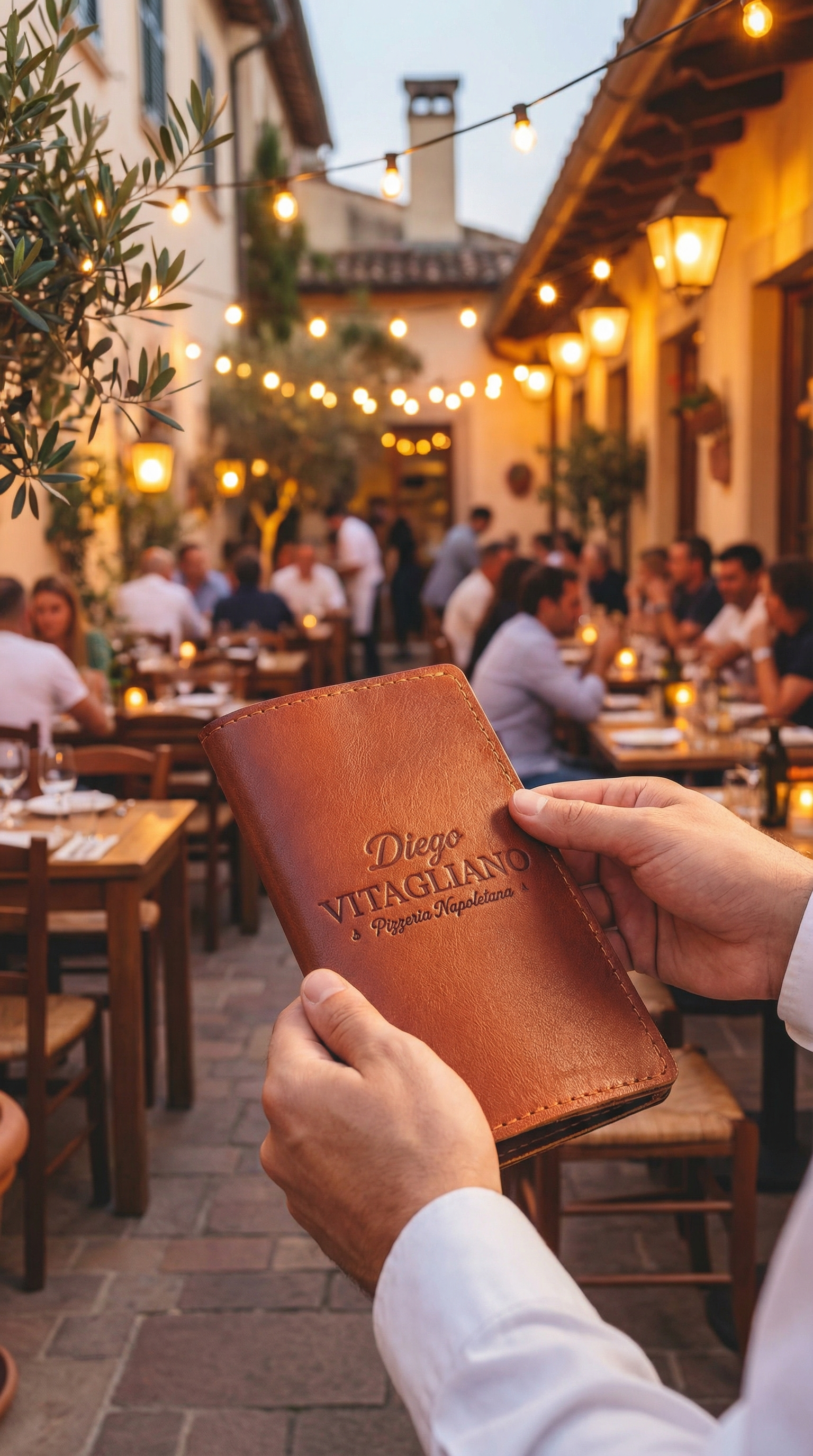 Brown leather check presenter with embossed restaurant logo, held in hands at an outdoor dining terrace with warm string lights and guests seated at tables in the background.