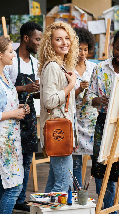 Premium Leather Artist Organizer Bag with Strap – Handmade Sketchbook Case | Personalized Gift for Creatives